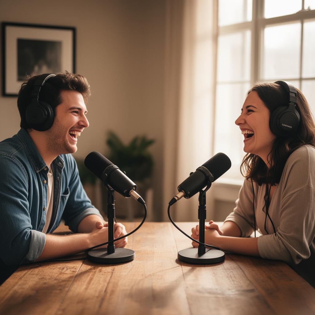 Two co-hosts laughing while recording a podcast together