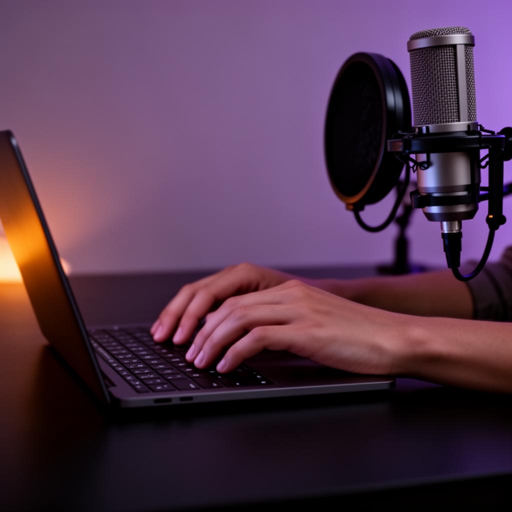 Hands typing on a laptop next to a podcast microphone